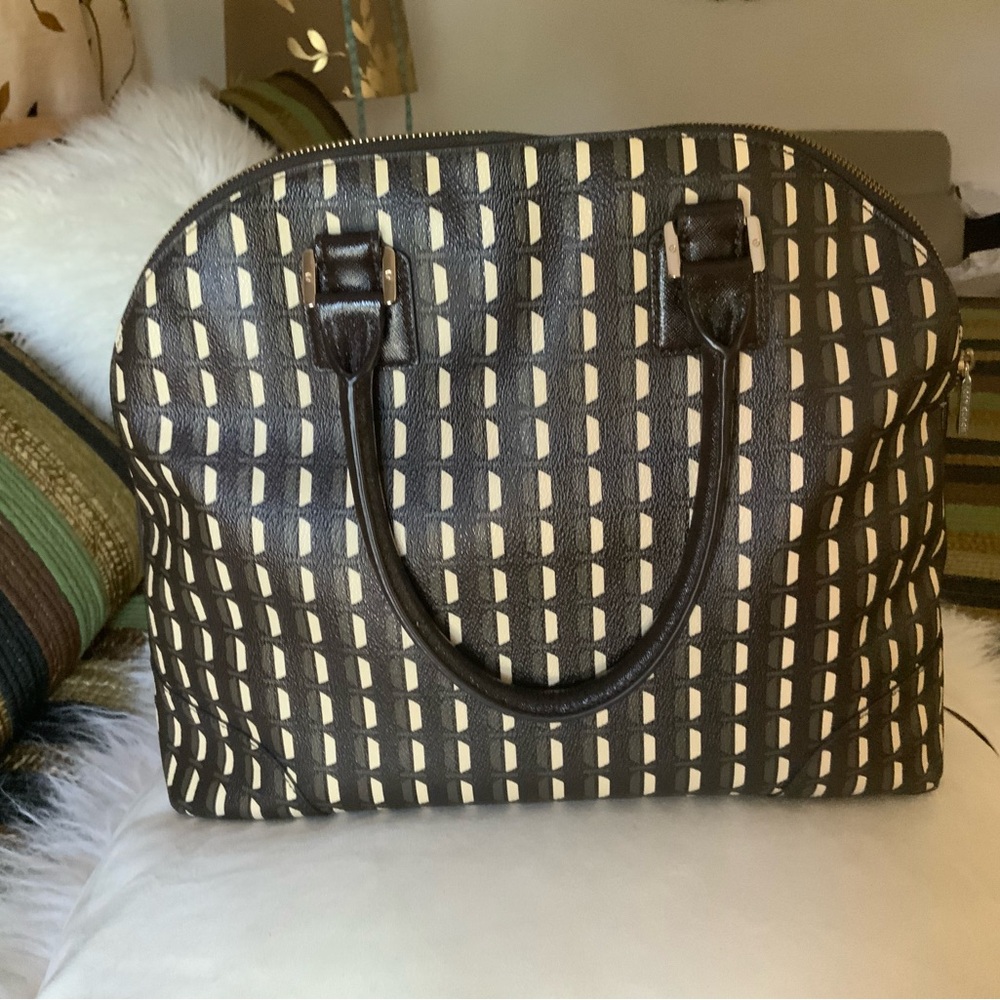 Tory Burch Black and Cream Patterned Dome Satchel